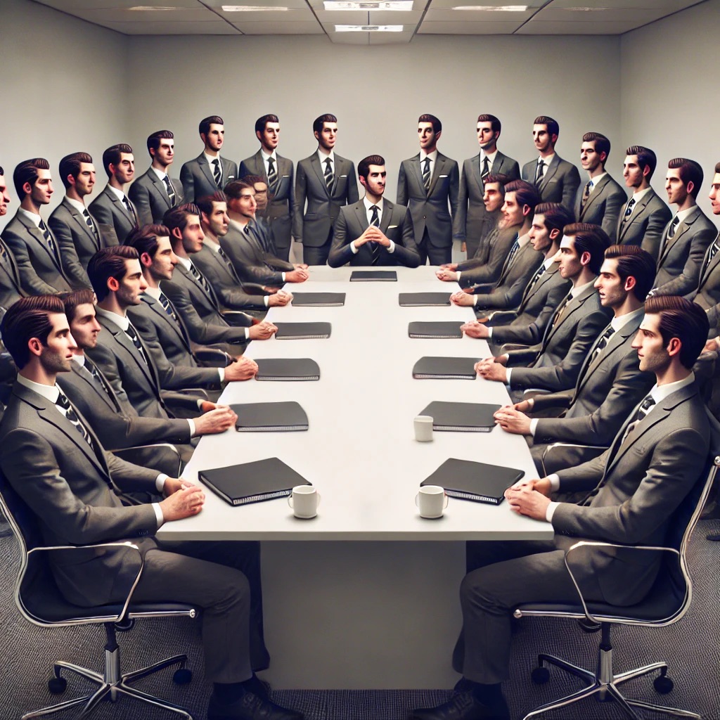 An illustrated corporate boardroom meeting.